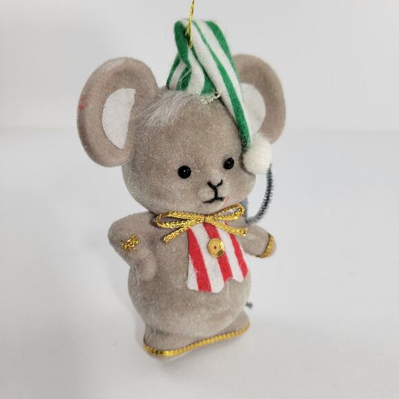 Large Mid-century Flocked Pajama Mouse Vintage Christmas Ornament Japan - Picture 1 of 4